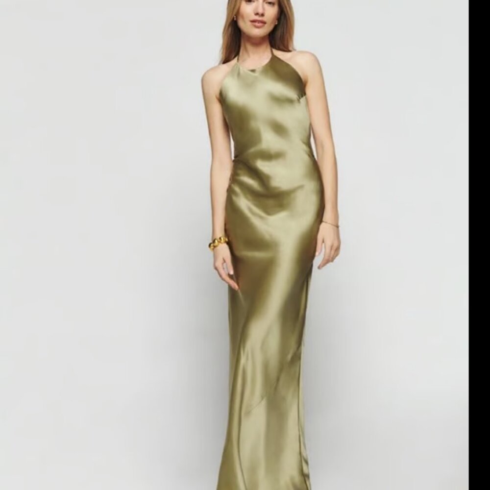Reformation Dress Jeany Silk Dress Olive Oil Size M - Picture 2 of 6